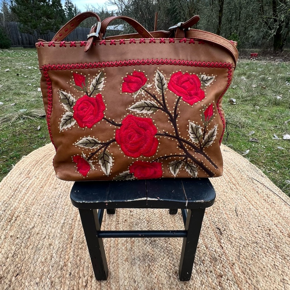 Brown and Red Floral Embroidered Women's Isabella Fiore Bag